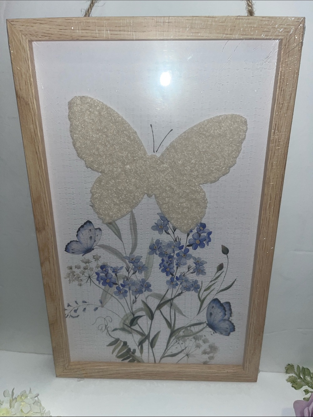 Nwt furry fuzzy soft cozy hanging butterfly wall art -blue and white cottagechic